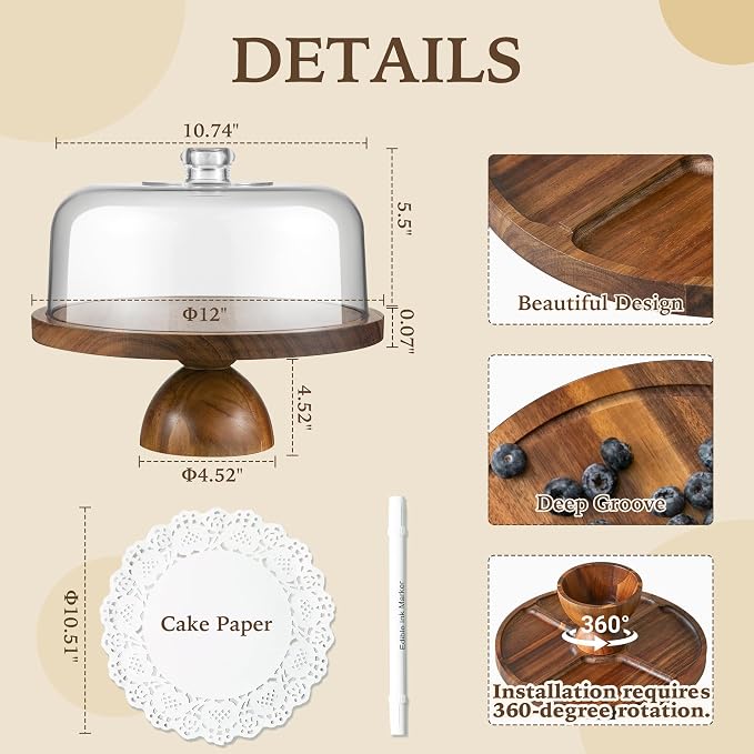 Cake Stand with Lid, 2 in 1 Acacia Wood Acrylic Dome, No Glass, 12in | 2 In 1 Cake Stand & Charcuterie Board, More Stable and Large, Suitable for Various Party Scenes, Inclued EDIBLE PENS with DIY