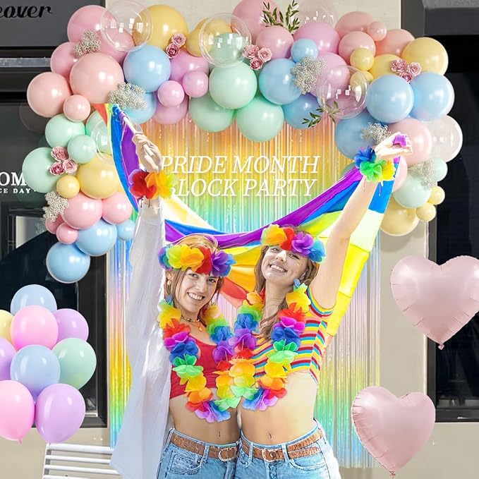 157PCS Pastel Balloons Arch Garland Kit with Macaron Rainbow Fringe Curtain for Birthday Bridal Baby Shower Wedding Valentine's Day Pride Month Block Party Decorations