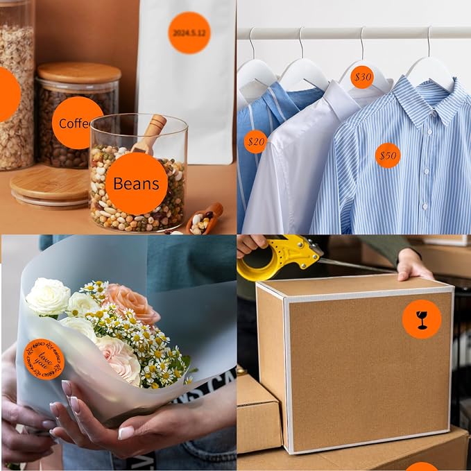 Thermal Labels,2 Inch Orange Round Thermal Printer Stickers,Self-Adhesive Round Direct Thermal Labels,Thermal Stickers for DIY Logo Design,Name Tag (500/Roll