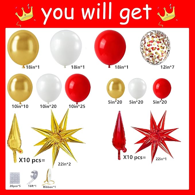 Bonropin Red White and Gold Balloon Garland Arch Kit 158pcs with Red and Gold Confetti Balloons, Star Foil Balloons, for New Year Graduation Anniversary Birthday Party Decorations