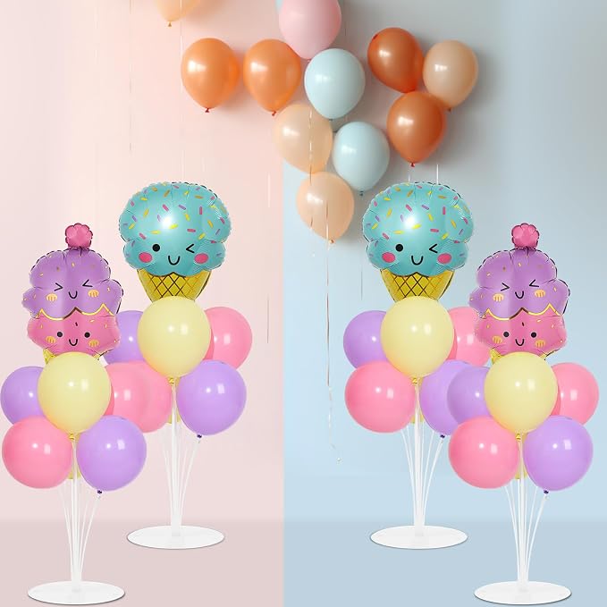 4 Sets Ice Cream Birthday Party Balloons Stand Kit with Ice Cream Foil Balloons Macaron Theme Party Ball Balloon Centerpiece for Tables for Summer Themed Birthday Baby Shower Decoration