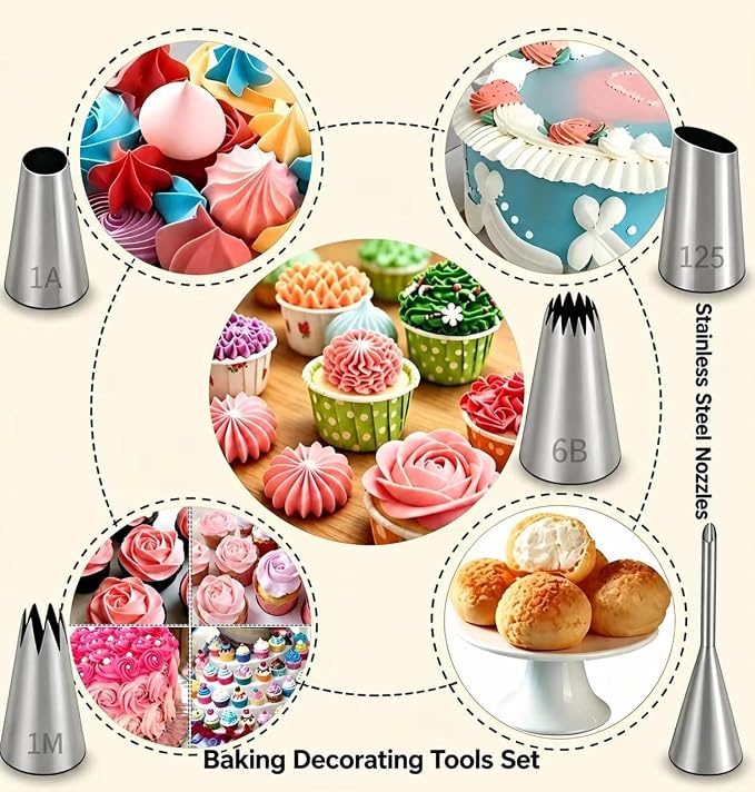 10 Pcs Reusable Silicone Piping Bags and Tips Set, Stainless Steel Icing Nozzles with Coupler & Cleaner Brush, Dishwasher Safe Cake Cupcake Cookie Decorating Kit, Home Bakers & Chefs