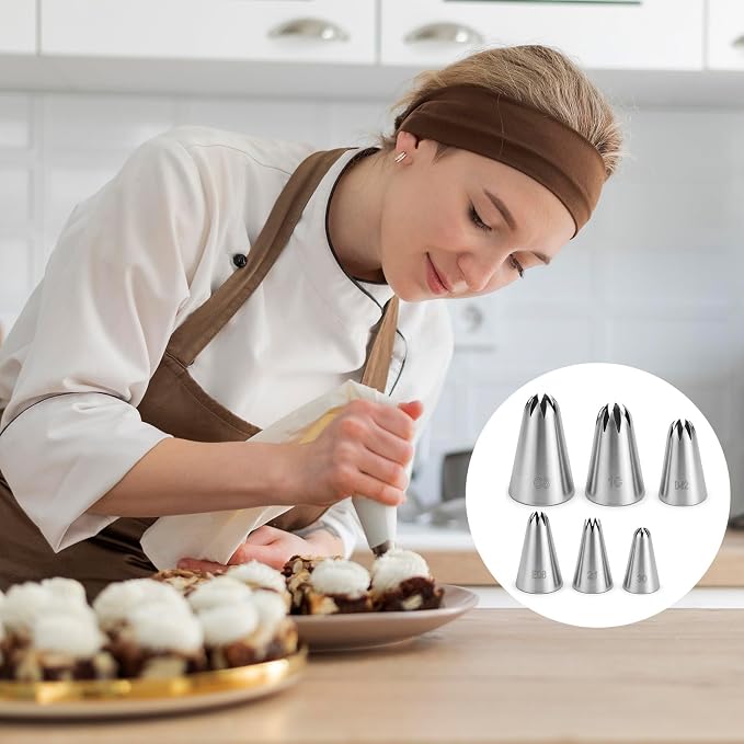 6 Pcs Piping Tips Set, 30, 21, E08, D42, 1C, C8 Stainless Steel Icing Tip Decorating Tips for Cookies, DIY Cream Rose Flower, Cream Puffs, Swirl, Rosette, Cake Cookie Decorating