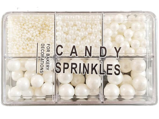5 Sizes Edible White Pearls Sugar Sprinkles 130g/4.6oz, 2,4,7,10,12mm Candy Pearl for Cake Decorating and Cupcake Toppers Cookie Decorations Ice Cream Topping Wedding Valentines Halloween Christmas