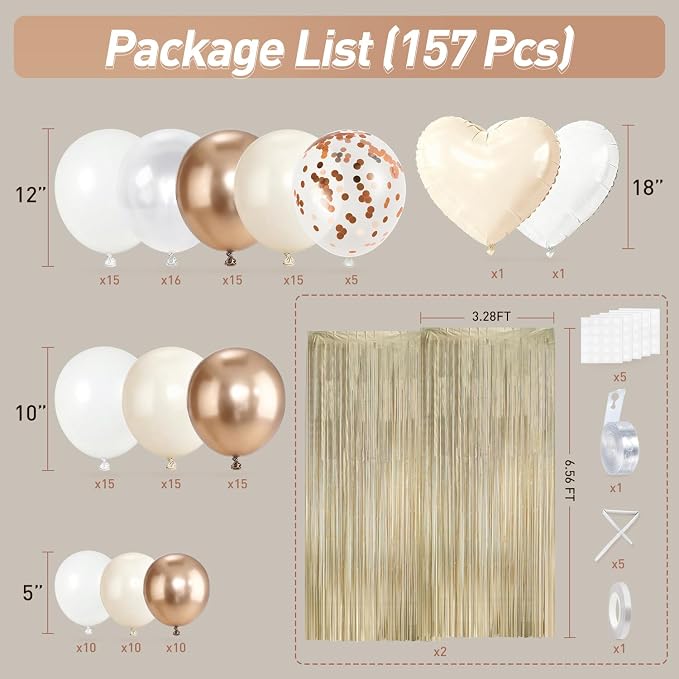 White and Champagne Gold Balloons Garland Arch Kit with Rose Gold Fringe Curtain for Woman Girl Princess Engagement Bridal Shower Wedding Baby Shower Boho Birthday Party Decorations