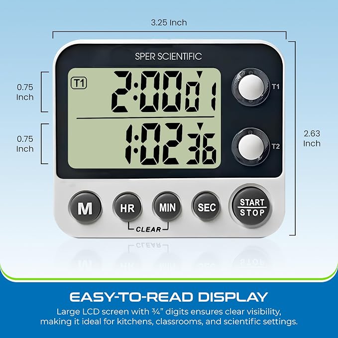 Sper Scientific 2 Channel Digital Lab + Kitchen Timer with Color Coded LED Lights 810002 – Dual Countdown Timer with Large Display, Loud Alarm & Clock Mode - for Cooking, Labs & More - 2 pc