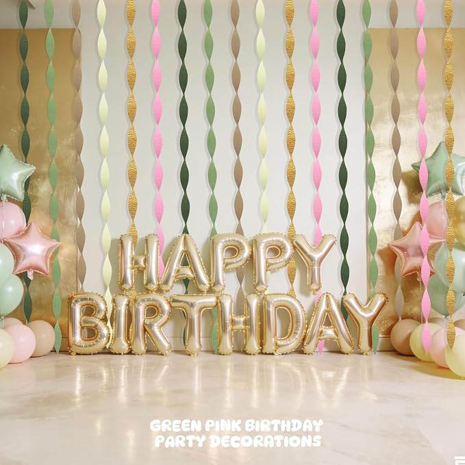 AOYOO Crepe Paper Streamers, 6 Rolls Sage Green Emerald Gold and Pink Party Streamers, Boho Party Decorations for Baby Shower, Woodland Birthday, Wedding and Safari Jungle Theme Supplies