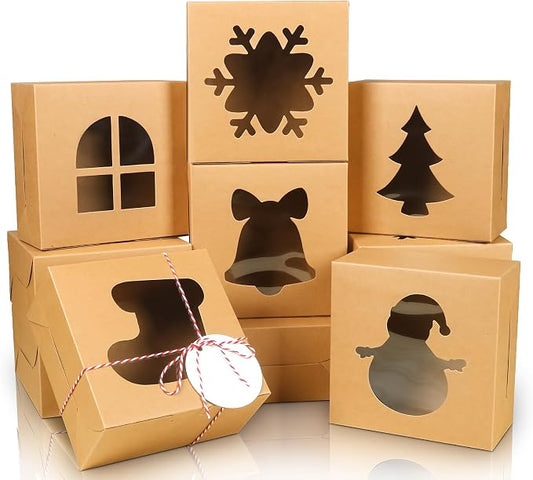COTOPHER 18Pcs Christmas Cookie Boxes with Window, 6x6x3 inch Kraft Brown Bakery Boxes for Gift Giving,Small Treat Boxes for Cake Donuts Chocolate Strawberries Pastries Muffins