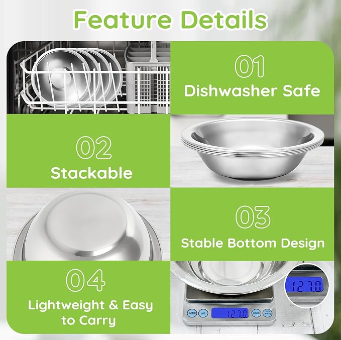 304(18/8) Stainless Steel Mixing Bowls for Kitchen, 6 Pack 8.7" 34.88 fl.oz Metal Mixing Bowls Set Stackable for Baking Serving Cooking Food Prep Storage Dishwasher Safe Lightweight
