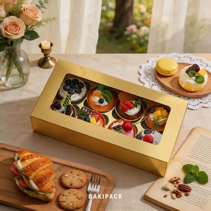 15 Gold Cupcake Boxes 8 Count with Window and Inserts, Cupcake Containers, Cupcake Holder, Muffin Boxes, Treat Boxes for Any Sweets