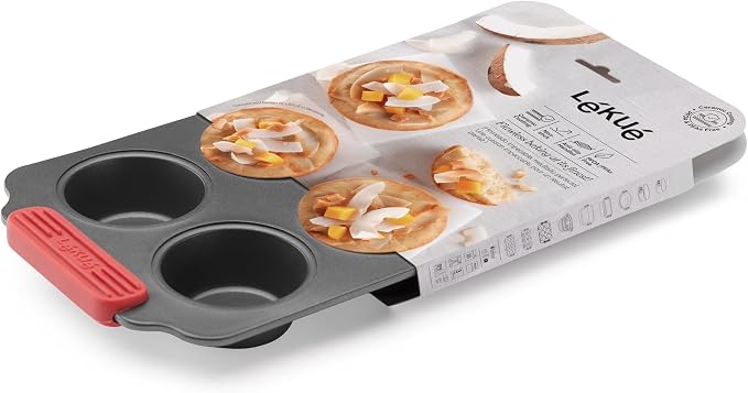 Lékué Non-Stick 6 Hole Muffin Mold - Carbon Steel Oven Baking Pan with Platinum Silicone Handles, Even Heat, Dual Non-Stick Ceramic Coating, Scratch Resistant, PFOA & PFA-Free, 12.2 x 7.1 x 1.5"