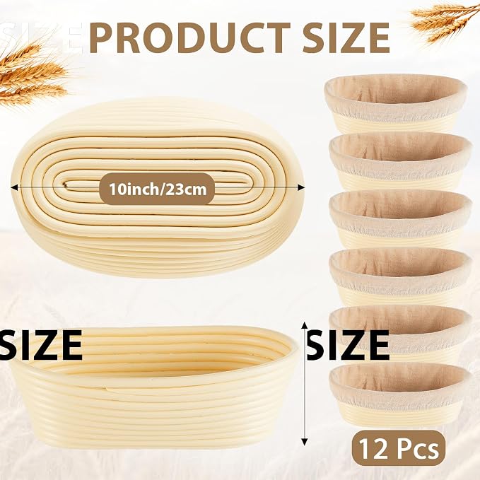 12 Pack Banneton Bread Proofing Basket 10 Inch Oval Rattan Banneton Baskets with Linen Liner Cloth Sourdough Basket Dough Proofing Basket for Professional & Home Sourdough Bread Baking