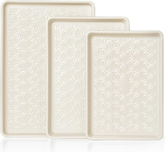 HONGBAKE Ceramic Coated Baking Sheet Pan Set of 3 with Floral Texture | Nonstick Aluminized Steel Cookie Sheets, Half, Quarter and Jelly Roll Pans, Shallow Oven Trays, 0.8mm Thick