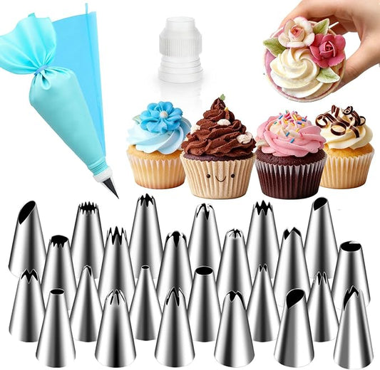 Hendiy Piping Tips, 26 Pieces Stainless Steel Frosting Piping Kit | Reusable Piping Bag, Coupler Included, Cake Decorating