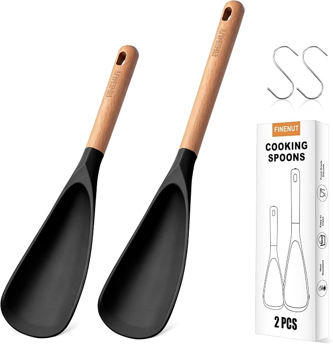 13" & 11" Silicone Cooking Spoons 2-Pack with S-Hooks - Wooden Handle Spoonula Set for Nonstick Cookware - Heat Resistant 446°F Spatula Spoon for Mixing & Serving, BPA Free（Black）