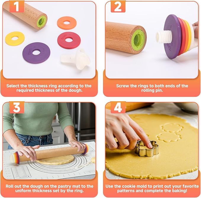 Adjustable Rolling Pin with Thickness Rings for Baking, 13.6" with 4 Multicolored Thickness Ring, Wood Dough Roller for Baking Fondant, Pizza, Cookie, Bread, Pie Crusts
