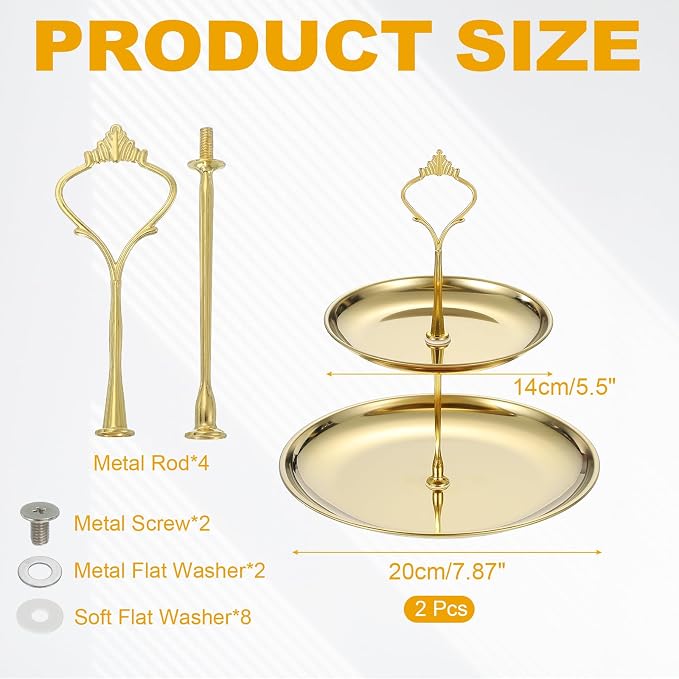 uxcell 2 Sets 2-Tier Cupcake Stand Holder, Round Tiered Serving Tray Stainless Steel Cup Cake Stand for Dessert Fruit Table Birthday Party Decoration Display, Gold