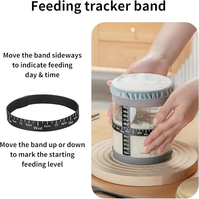 Sourdough Starter Jar,50oz Wide-Mouth with Non-slip silicone rubber Bottom Sourdough Starter Kit,Date Marked Feeding Band, Thermometer, Cloth Cover & Bamboo Lid, Reusable Sourdough Bread Baking