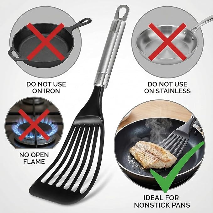 KSENDALO Thin Flexible Fish Spatula for Nonstick Cookware, Black | Egg Flipper Turner w/Hollow Steel Handle, Slotted Angled LFGB Complaint Nylon Blade, Dishwasher Safe, Silver Handle