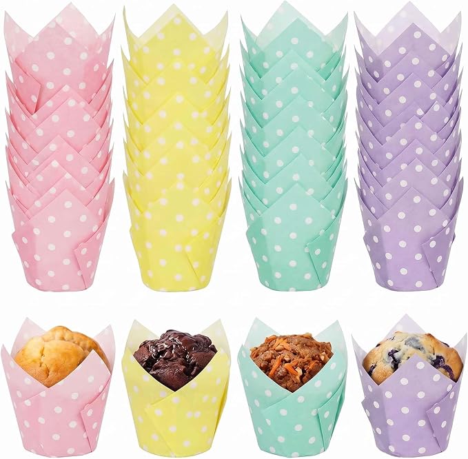 200 Pcs Pastel Tulip Cupcake Liners for Baking, Color with Polka Dot | Standard Greaseproof Tulip Muffin Liners for Baking, 3oz Paper Cupcake Wrappers for Party Wedding Birthday