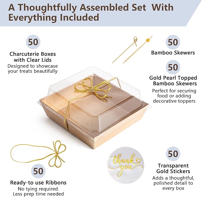 Gift-Ready Charcuterie Boxes with Clear Lids, Cake Slice Container, Bakery packaging, Food Gift Containers, Small Treat, 5"Dessert Boxes with Ready to use Ribbon and Bamboo Skewers-50 Count-BROWN