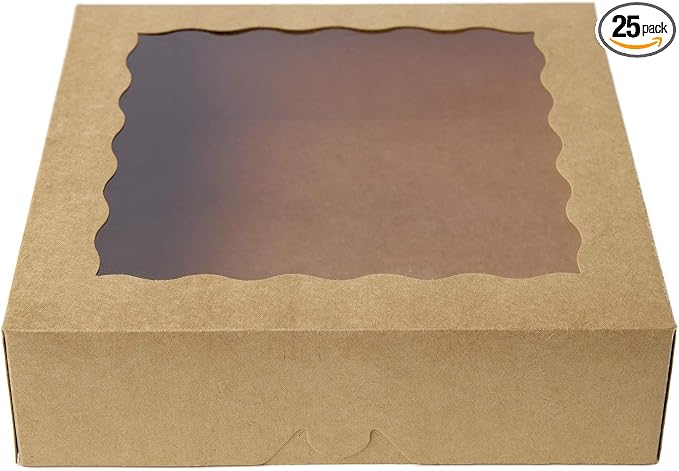 ONE MORE [25pcs] 9inch Kraft Brown Bakery Boxes, Large Pie Boxes with PVC Window Natural Disposable box for Cookie 9x9x2.5inch,25 of Pack