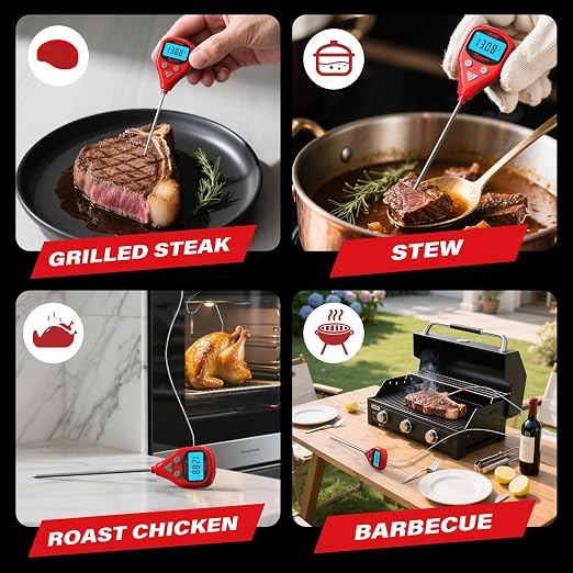 AWLKIM Digital Meat Thermometer with Dual Probes, Wine Red - Instant Read Food Thermometer with 1m Leave-in Probe, Alarm, Backlit LCD, IP67 Waterproof & USB-C Rechargeable for Grilling, BBQ, Smoking
