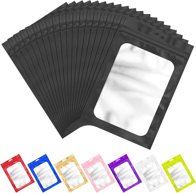 100 PCS Resealable Mylar Bags with Zipper and Frosted Clear Window Smell Proof Packaging Bags Foil Pouch Zipper Bag for Food Self Sealing Storage Supplies (Black, 6.29x9.44)
