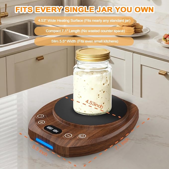 Sourdough Starter Warmer Mat,65-110°F 1°F Precision, 24H Timer & Memory, Electric Heating Mat for 24-40oz Jars, Home Baking（Wood grain）