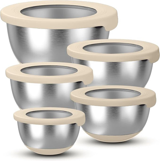 KITEISCAT Stainless Steel Mixing Bowls with Lids – Set of 5 Large Nesting Metal Bowls for Kitchen, Baking, Cooking, Food Prep & Storage, Non-Slip Base, Dishwasher Safe,Khaki