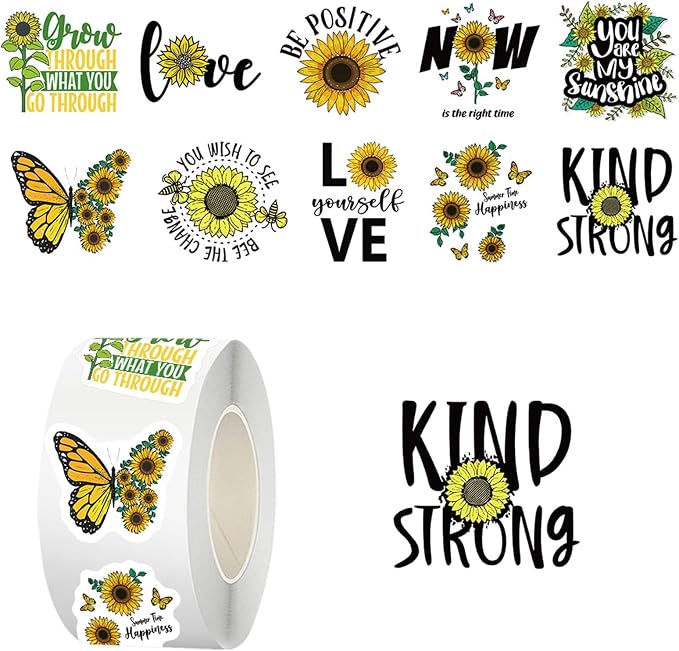 500PCS Sunflower Motivational Stickers Roll, Positive Quote Reward Labels Featuring Kind Strong Love Inspirational Designs for Teachers Students & Small Business Packaging