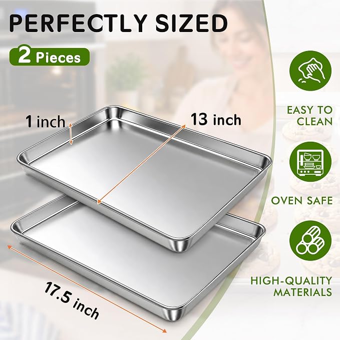 Stainless Steel Baking Sheet Pan Set of 2, Stainless Steel Cookie Sheets for Baking, 18 x 13 Inch Large Baking Tray for Oven, Warp Resistant Nonstick Half Sheet Pan, Heavy Duty & Easy Clean