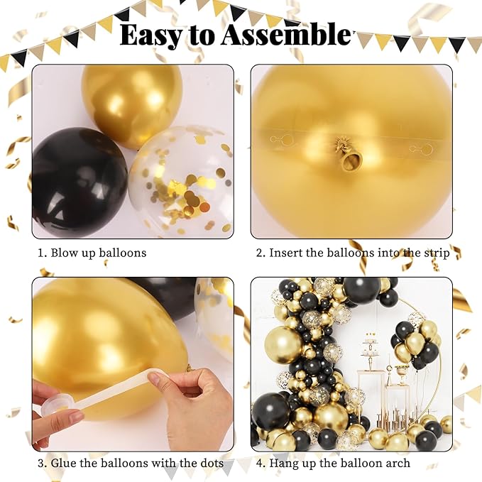 RUBFAC 130pcs Black and Gold Balloons, Black Metal Gold and Metallic Confetti Gold Balloons for 2026 New Year Graduation Class Decorations Retirement Party Baby Shower Wedding Birthday Anniversary