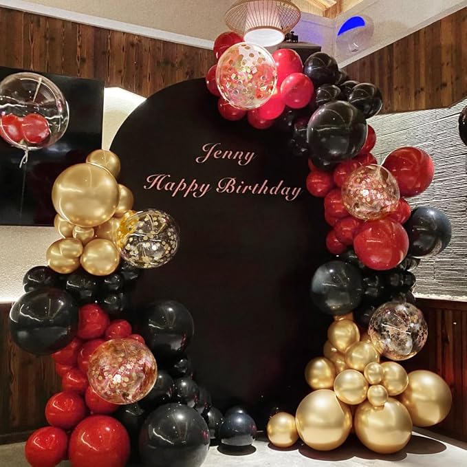 MEBAY Red Black Gold Balloons Arch Kit with Gold Confetti, 166Pcs Red Gold Black Balloons Garland for Birthday Wedding Anniversary Movie Casino Night Hollywood New Years Festival Decorations