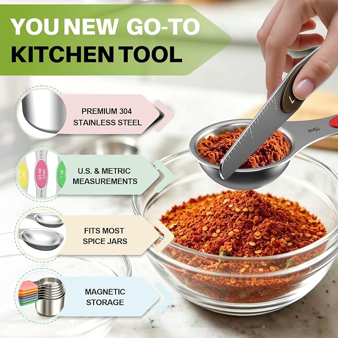 Magnetic Measuring Cups & Spoons Set, Strong N52 Magnets, Heavy Duty 304 Stainless Steel, Dual-Sided Design Fits Spice Jars, Easy-to-Read Markings, 16-Piece Set with Leveler for Baking & Cooking
