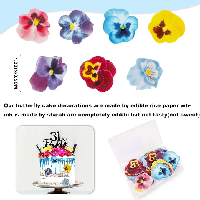 Edible Flowers Cake Decorations Set of 60PCs, Edible Pansies Cake Decorations Wafer Paper Flower Cupcake Toppers for Various Occasions
