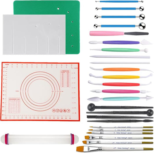 Gum Paste Flower and Leaf Tools Kit 10 Sugar Flower Modelling Tools 6 Cake Brush 4 Flower Petals Ball Tools 4 Frilling Stick 1 Fondant Flower Veining Board 1 Foam Pad 1 Silicone Mat 1 Rolling Pin