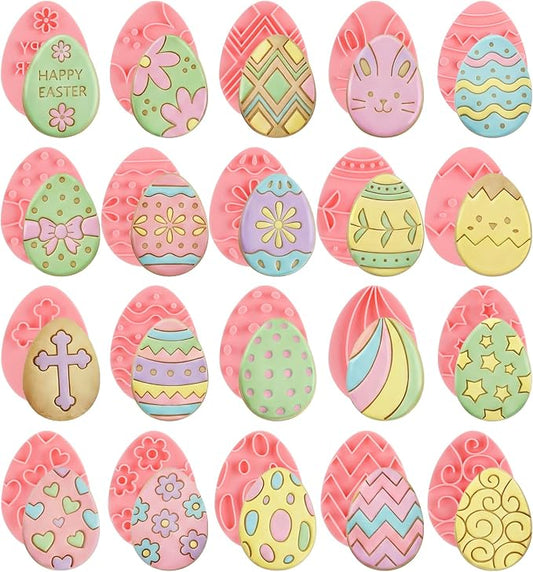 Jspupifip 20 Pcs Easter Eggs 3D Cookie Cutters Bulk, Oval Shaped Cookie Stamps DIY Press Cutters for Happy Easter Cookie Cutters Party Baking Supplies