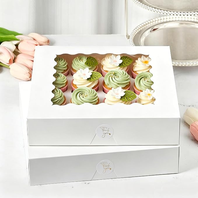 Kucoele Pie Boxes, 12 x 12 x 2.5 Inches, 20 PCS, White | Auto-Popup, with Window, Bakery Boxes, Cookie Boxes, Treat Boxes, For Chocolate Strawberries, Pastries, Muffins, Donuts