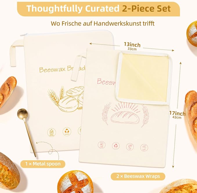 2 Pack XL Reusable Beeswax Bread Bags with Zipper, Organic Linen Cotton Sourdough Bread Storage Bags (13 x 17 in), Moisture Lock, Includes Metal Measuring Spoon, Ideal for Baking, Kitchen & Travel