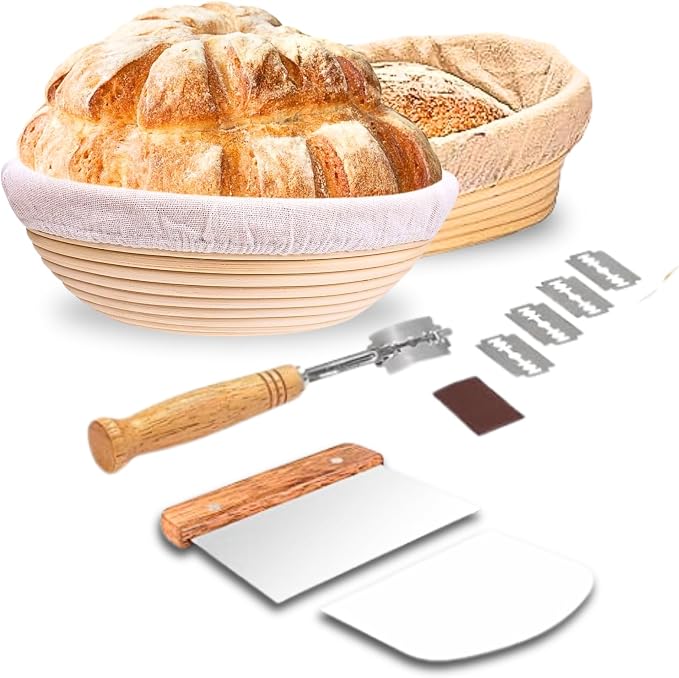 Banneton Bread Proofing Basket Set - Oval & Round Sourdough Proofing Basket w/Cover, Metal & Plastic Scraper, Scoring Lame w/Leather Case and 5 Blades - Bread Making Tools and Supplies (13 pieces)