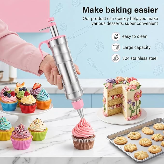 Dessert Decorating Syringe Set, Including 6 Piping Tips & 9 silicone cupcakes, Stainless Steel Frosting & Icing Piping Kit for Cake Decorating Tools Cupcake Decor