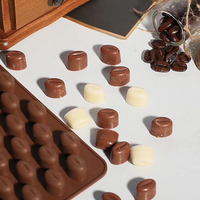 Mini Coffee Bean Molds, 55 Cavities Silicone Chocolate Mold with Coffee Bean Shape, Food Grade Mini Silicone Mold for Homemade Sugar Free Chocolate Chips/Snacks/Cake Décor, 2 PCS