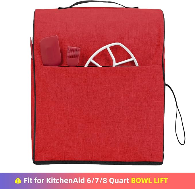 HOMEST Stand Quilted Mixer Cover with Zip Pocket for Kitchen Accessories | Fits KitchenAid 6/7/8 quart mixers, zipper pocket stores attachments and kitchen accessories, Red