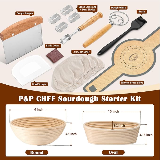 P&P CHEF Sourdough Bread Baking Supplies, 9” Round & 10” Oval Sourdough Proofing Baskets Starter Kit, Bread Making Tool Set with Cloth Liner Bread Lame Scraper Brush Dough Whisk