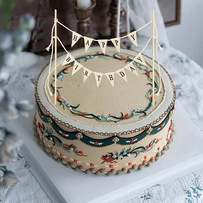 Happy Birthday Cake Toppers Bunting Happy Birthday Cake Banner Garland | Happy Birthday Sign For Cake Decoration Happy Birthday Topper For Bouquet With Wood Pole Beige
