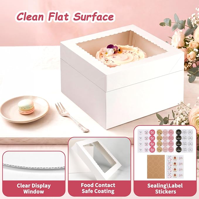 CRUGLA 15 Pack 12x12x8 Cake Boxes with Cake Boards, White Bakery Window Boxes, Tall Dessert Carrier for Birthdays, Weddings, Bake Packaging