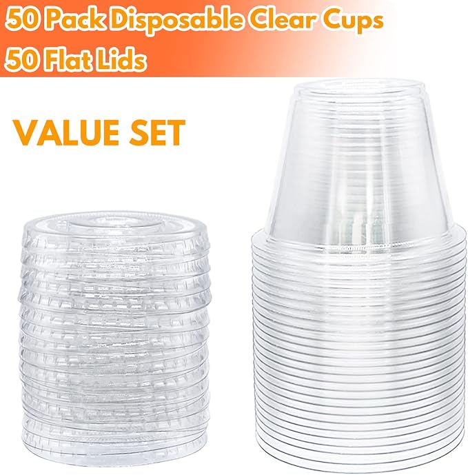 Tiaiidi 50 Pack Clear Cups with Lids,6 oz Plastic Disposable Cups with Flat Lids(No Hole),Crystal PET Dessert Party Cups for Smoothy's,Ice Cream,Fruits,Snack,Cold Drinks