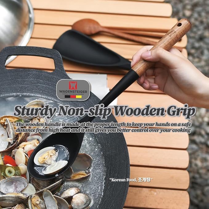 WAGENSTEIGER Set of 2pc Silicone Cooking Utensils: Wooden Handle Cooking & Serving Spoon+ Multi-Purpose Cooking Spoon, Heat Resistant Cooking Utensil, BPA Free, Safe Material for All Cooking Surfaces
