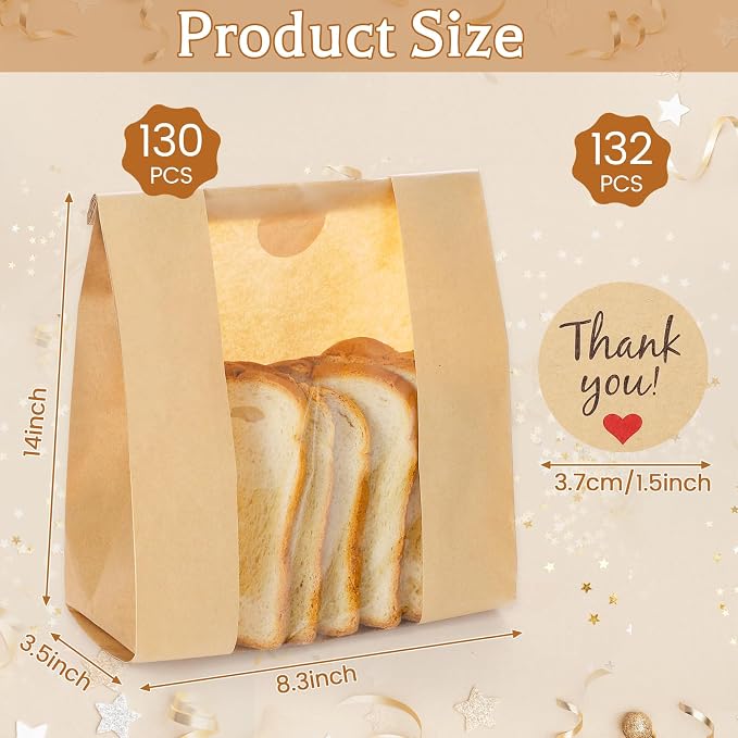 130 Pack Homemade Bread Sourdough Bags, 14" x 8.3" x 3.5" Large Bakery Bread Bag with Tin Tie Tab Lock Clear Window Stickers for Storage of Bread Cookies Snacks
